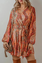 Printed Surplice Long Sleeve Mini Dress Orange Casual Dresses - Tophatter Daily Deals