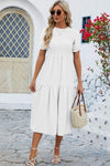 Smocked Round Neck Flounce Sleeve Midi Dress Casual Dresses - Tophatter Daily Deals