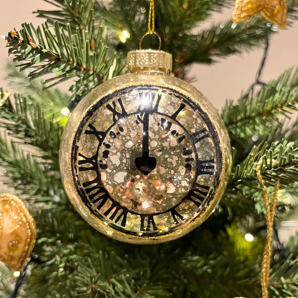 Silver & Gold Clock Bauble | Mottled Glass Christmas Tree Hanging Ornament - 8cm Baubles - Tophatter Daily Deals