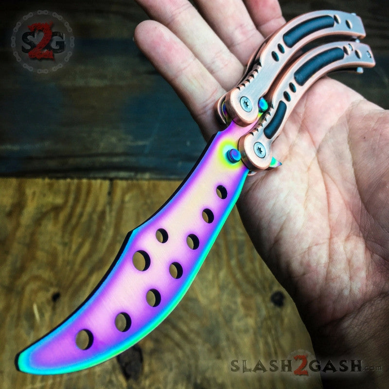 CSGO Rainbow Butterfly Knife SHARP 440C Counter Strike Balisong - Bronze Dull w Holes - Can NOT Sharpen Knife-Balisong - Tophatter Daily Deals