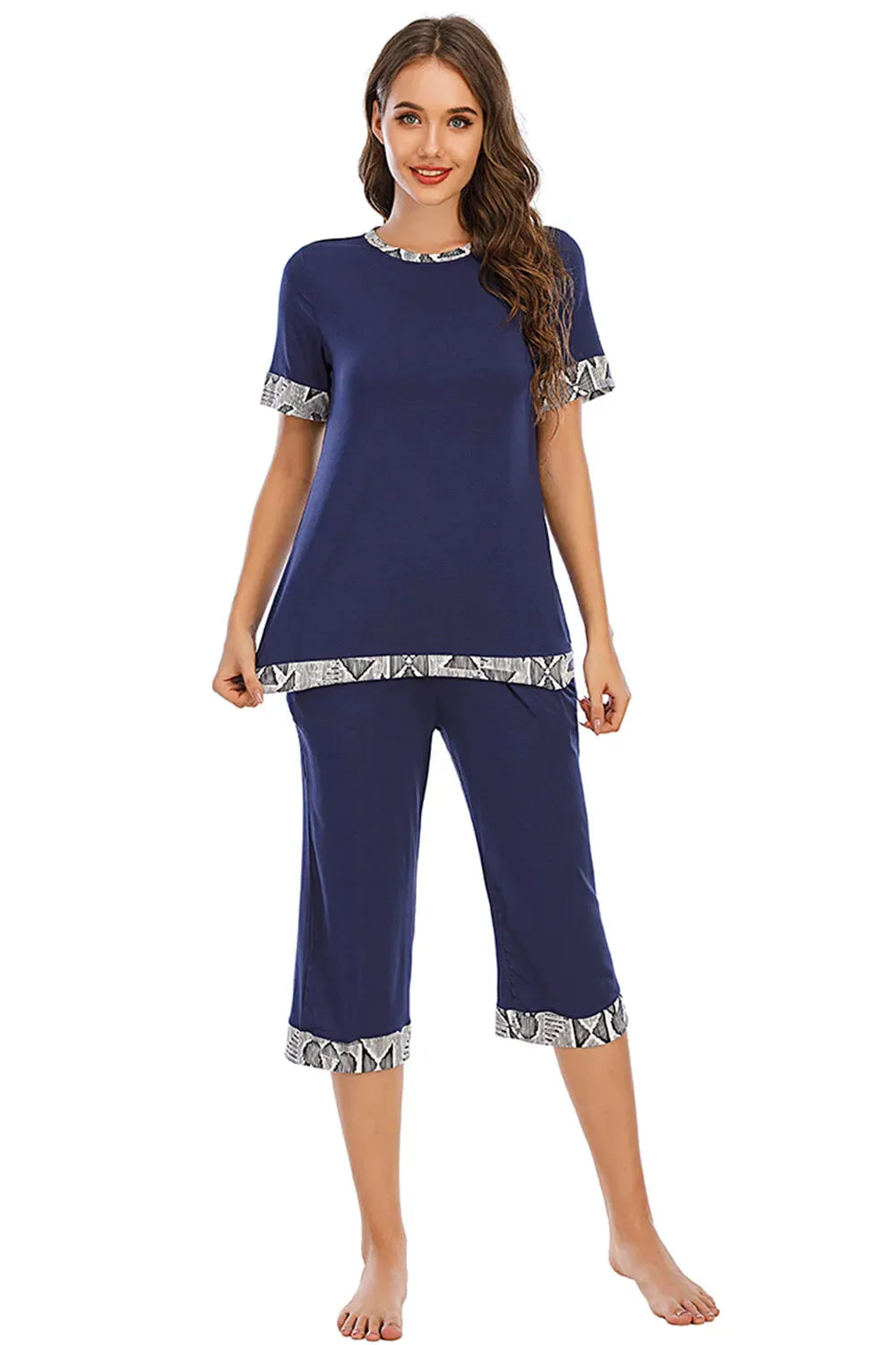 Round Neck Short Sleeve Top and Capris Pants Lounge Set Loungewear Sets - Tophatter Daily Deals