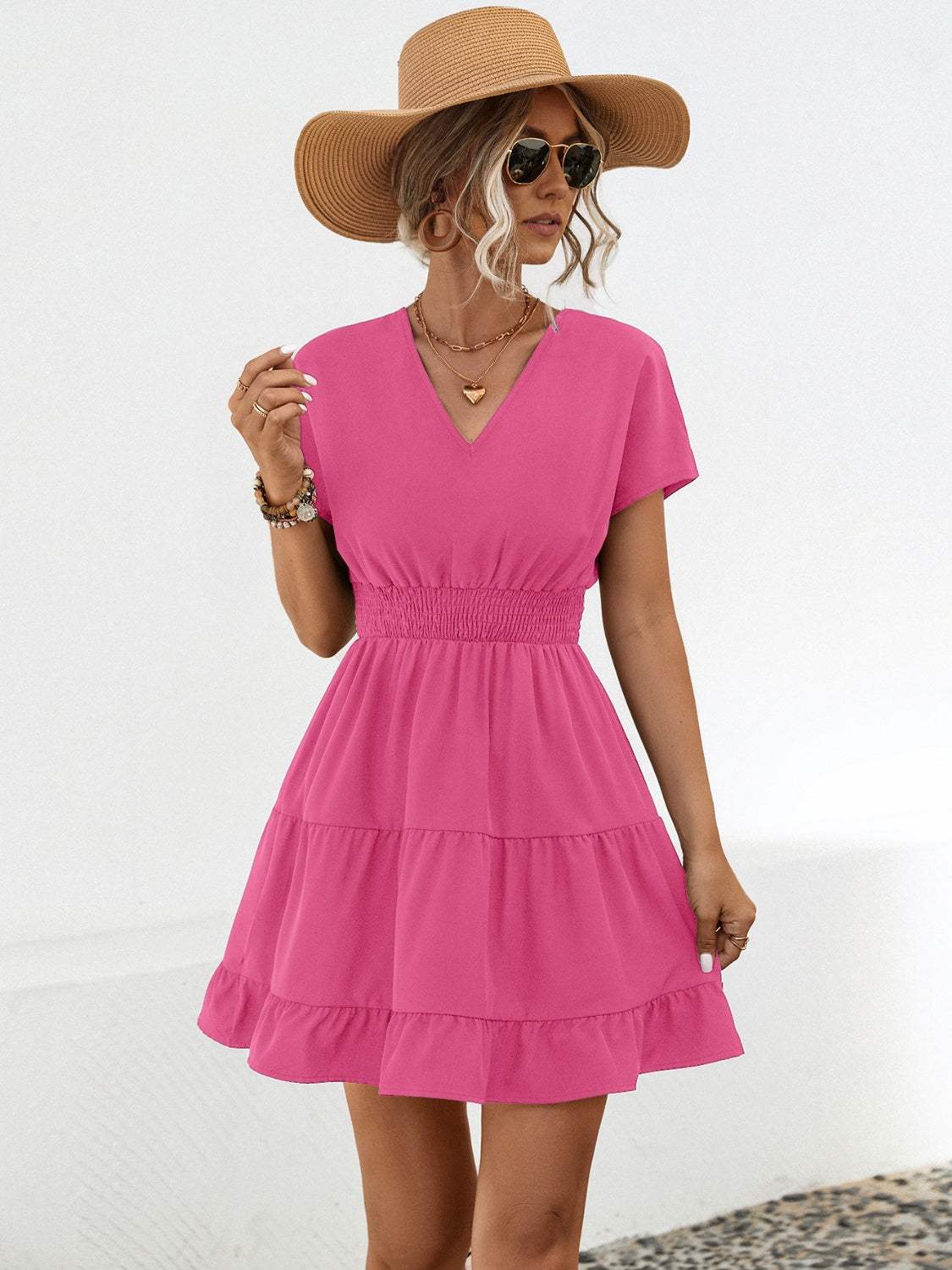 Ruffled Smocked V-Neck Tiered Dress Casual Dresses - Tophatter Daily Deals