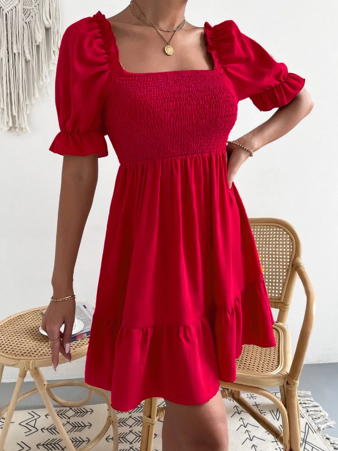 Smocked Square Neck Short Sleeve Dress Brick Red Casual Dresses - Tophatter Daily Deals