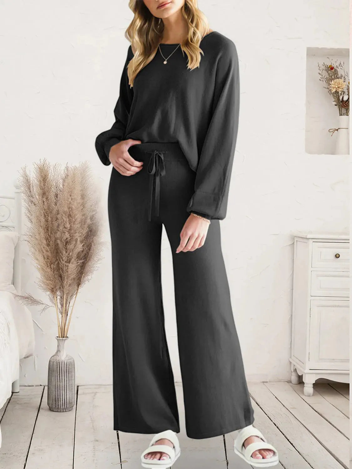 Long Sleeve Lounge Top and Drawstring Pants Set Black Loungewear Sets - Tophatter Daily Deals