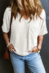 Textured V-Neck Dropped Shoulder T-Shirt White Women's T-Shirts - Tophatter Daily Deals