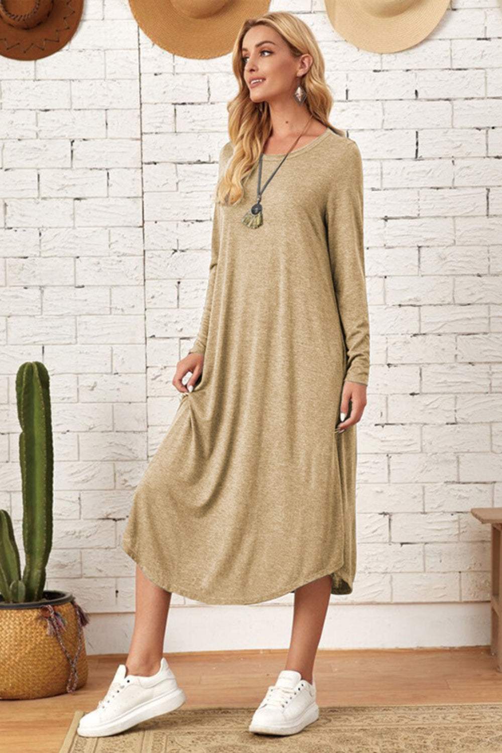 Pocketed Round Neck Long Sleeve Tee Dress Casual Dresses - Tophatter Daily Deals