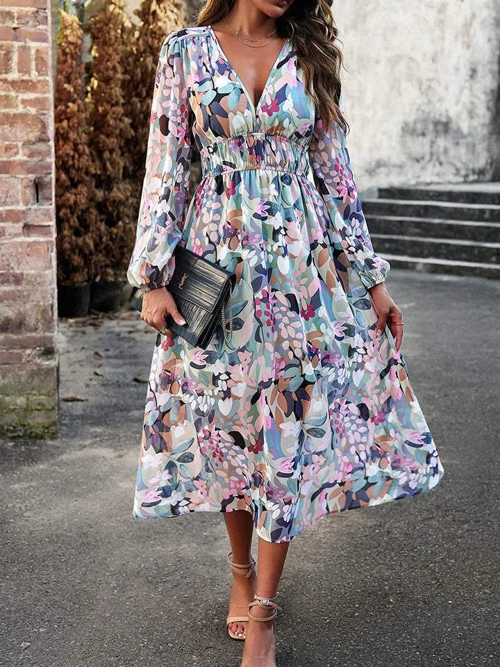 Printed V-Neck Long Sleeve Midi Dress Casual Dresses - Tophatter Daily Deals