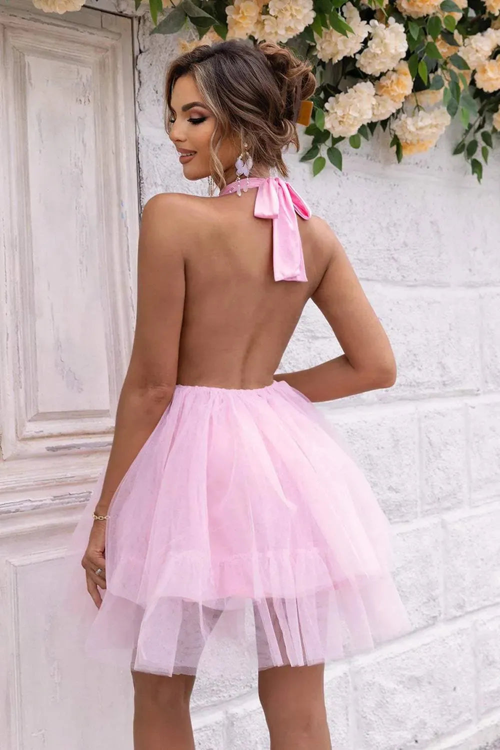 Halter Neck Backless Mesh Dress Cocktail Dresses - Tophatter Daily Deals