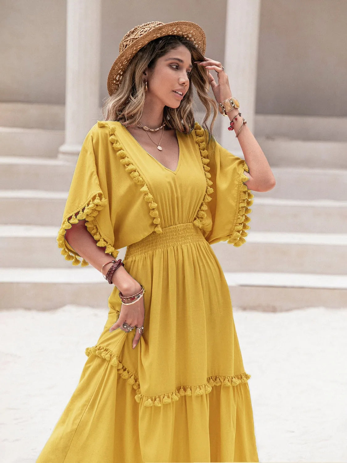 Tassel Trim Smocked V-Neck Short Sleeve Dress Casual Dresses - Tophatter Daily Deals