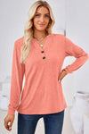 Notched Long Sleeve T-Shirt Peach Women's T-Shirts - Tophatter Daily Deals