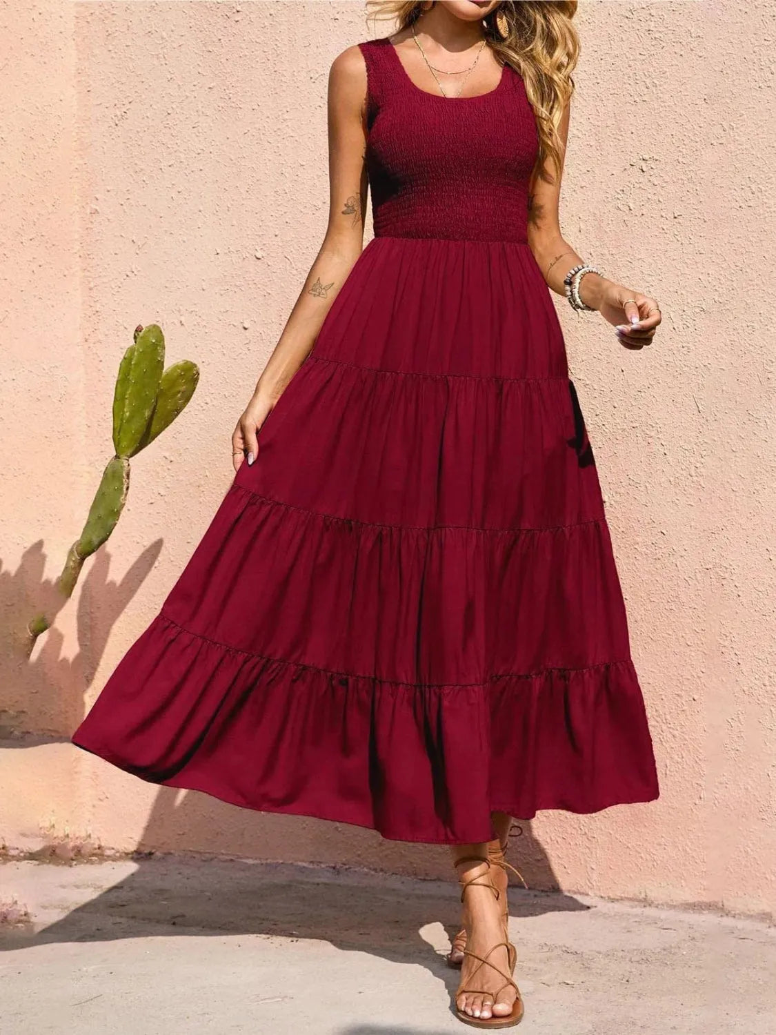 Tiered Smocked Wide Strap Dress Wine Casual Dresses - Tophatter Daily Deals