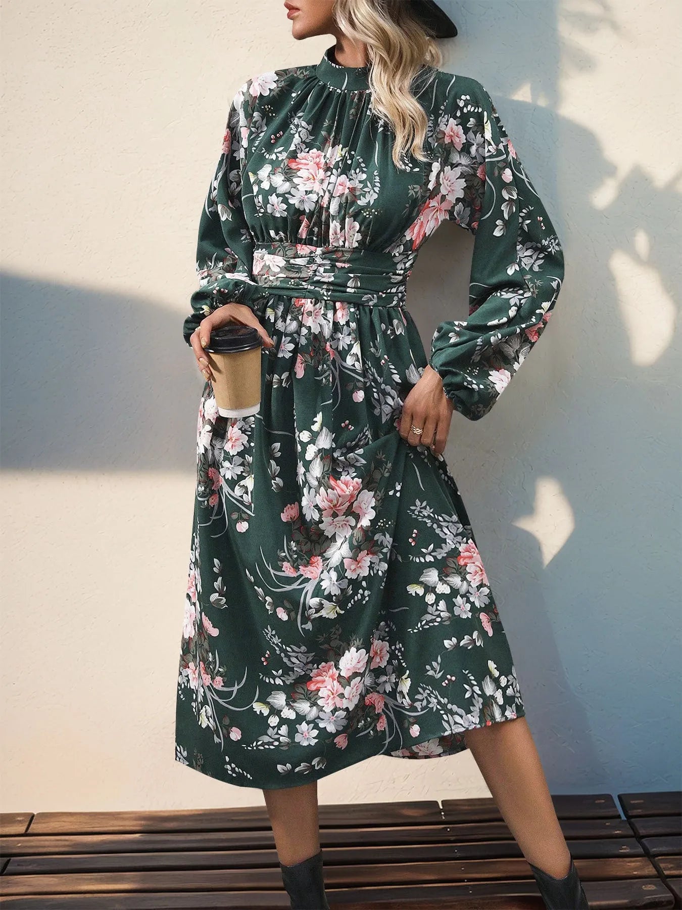 Perfee Ruched Printed Mock Neck Long Sleeve Midi Dress Casual Dresses - Tophatter Daily Deals