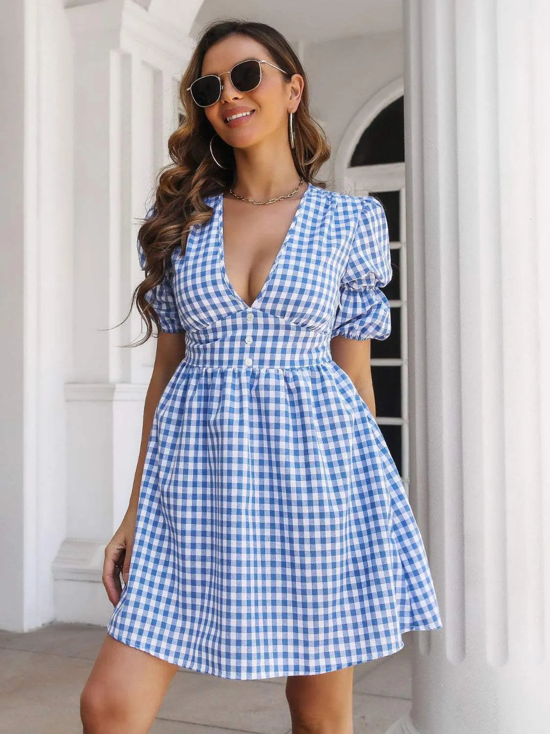 Decorative Button Plaid Short Sleeve Dress Casual Dresses - Tophatter Daily Deals