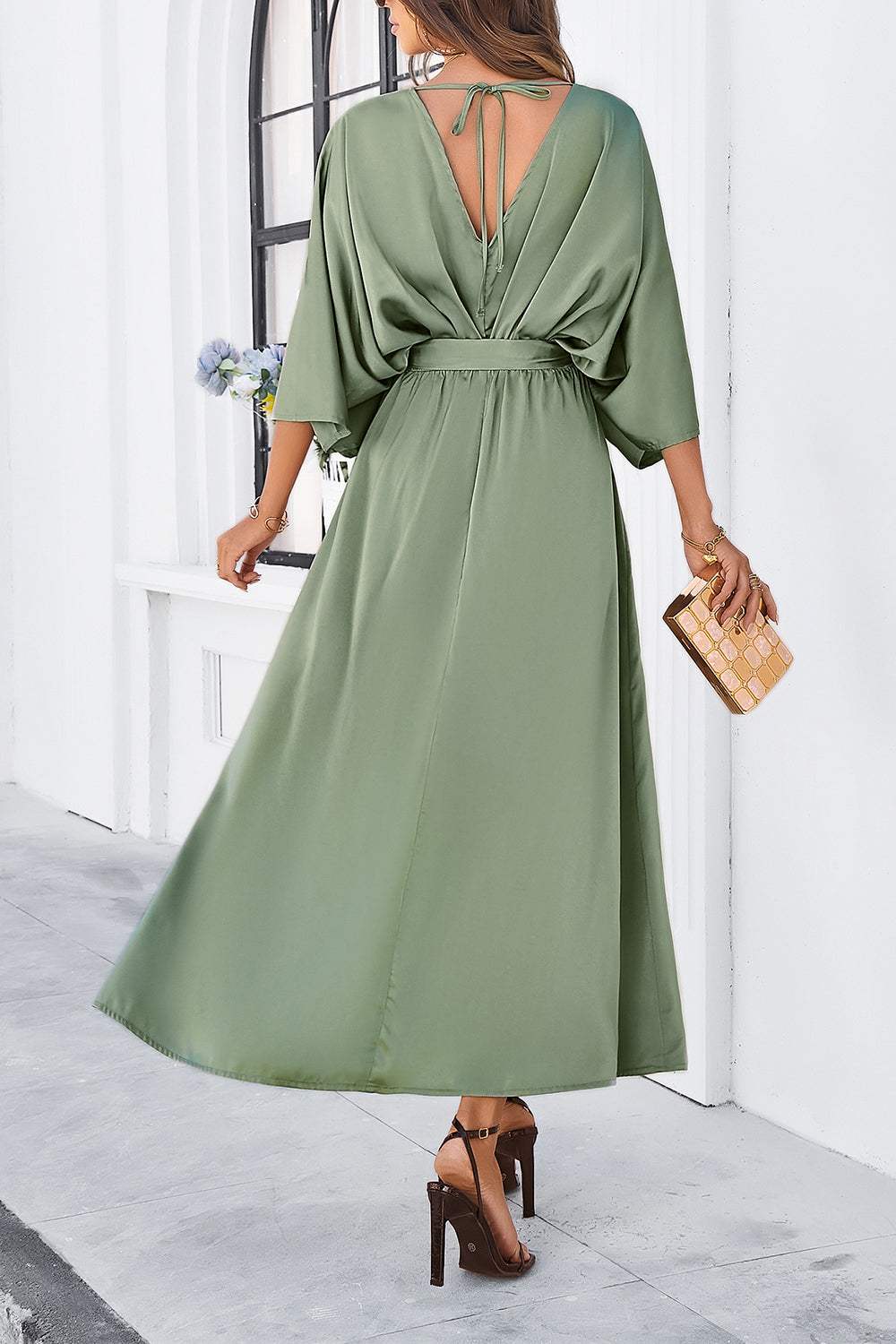 Slit Tied V-Neck Three-Quarter Sleeve Dress Casual Dresses - Tophatter Daily Deals