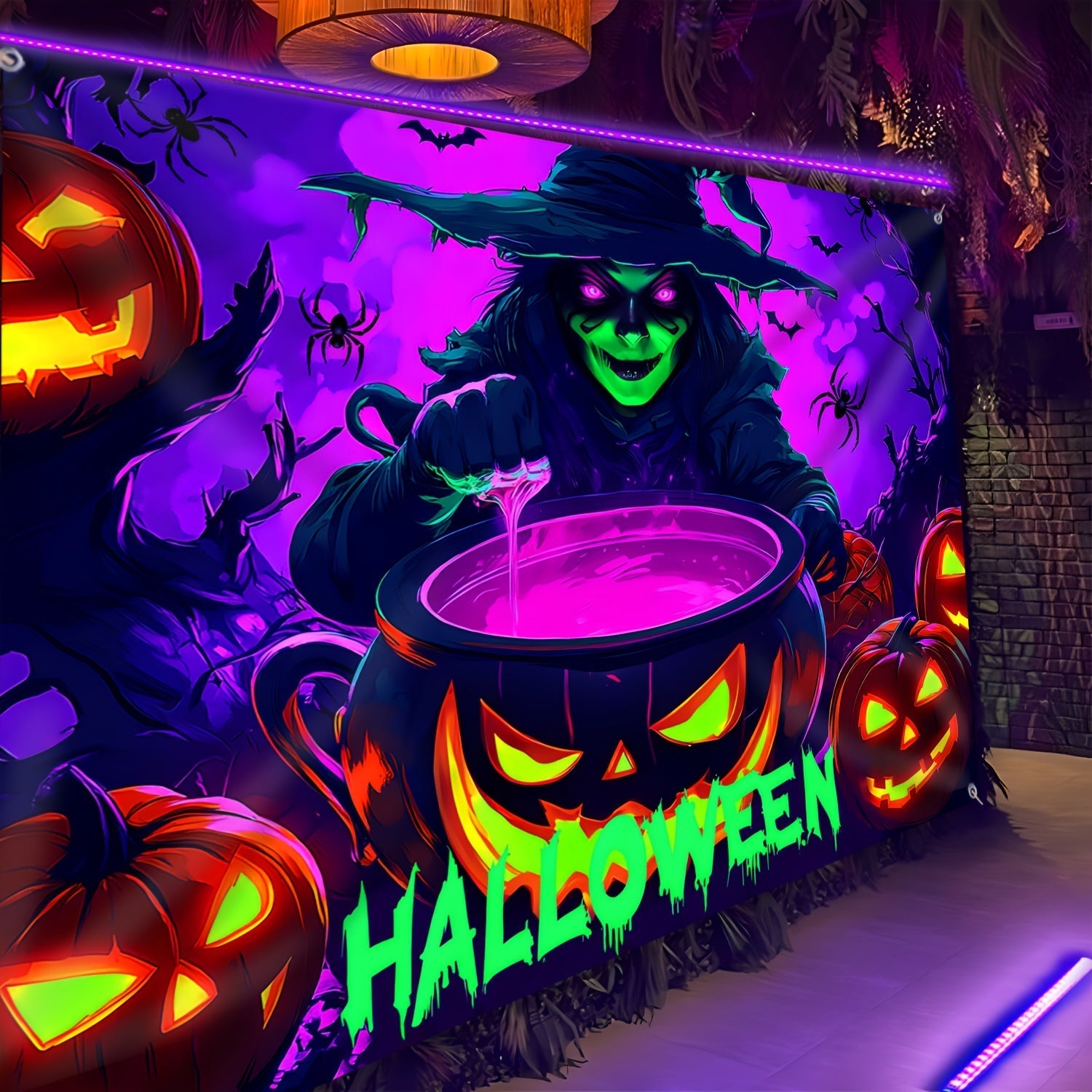 Witch and Pumpkin Glow-in-the-Dark Halloween Tapestry - Tophatter Daily Deals