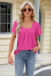 Eyelet Square Neck Short Sleeve T-Shirt Hot Pink Women's T-Shirts - Tophatter Daily Deals