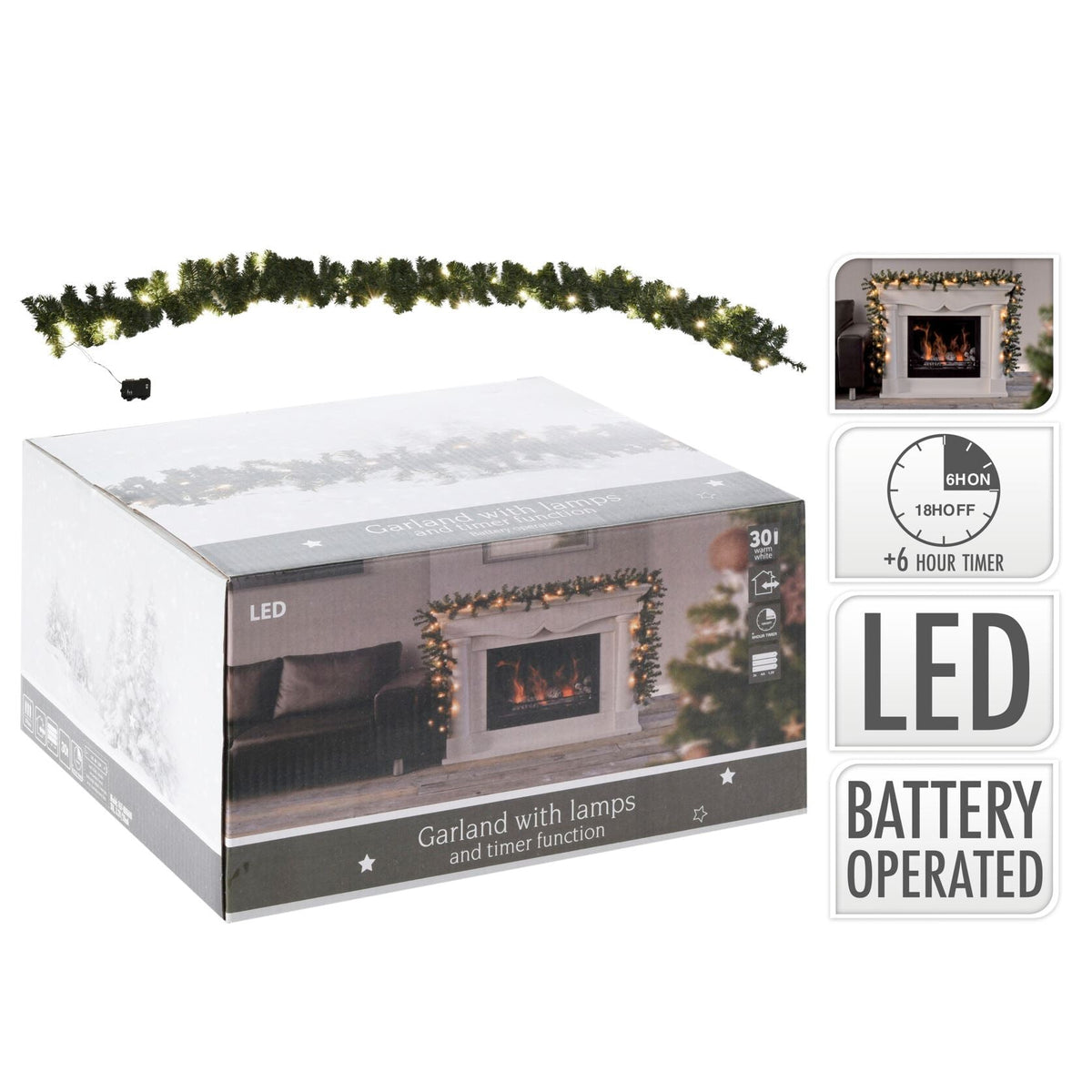 270cm Christmas LED Garland Artificial Wreath Garland | Festive Light Up Garland Warm White 30 LED Lights | Xmas Fairy Light Garland Festoon Garland - Tophatter Daily Deals