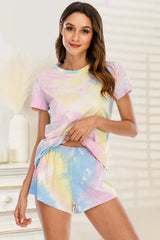 Tie-Dye Round Neck Short Sleeve Top and Shorts Lounge Set Blush Pink Loungewear Sets - Tophatter Daily Deals
