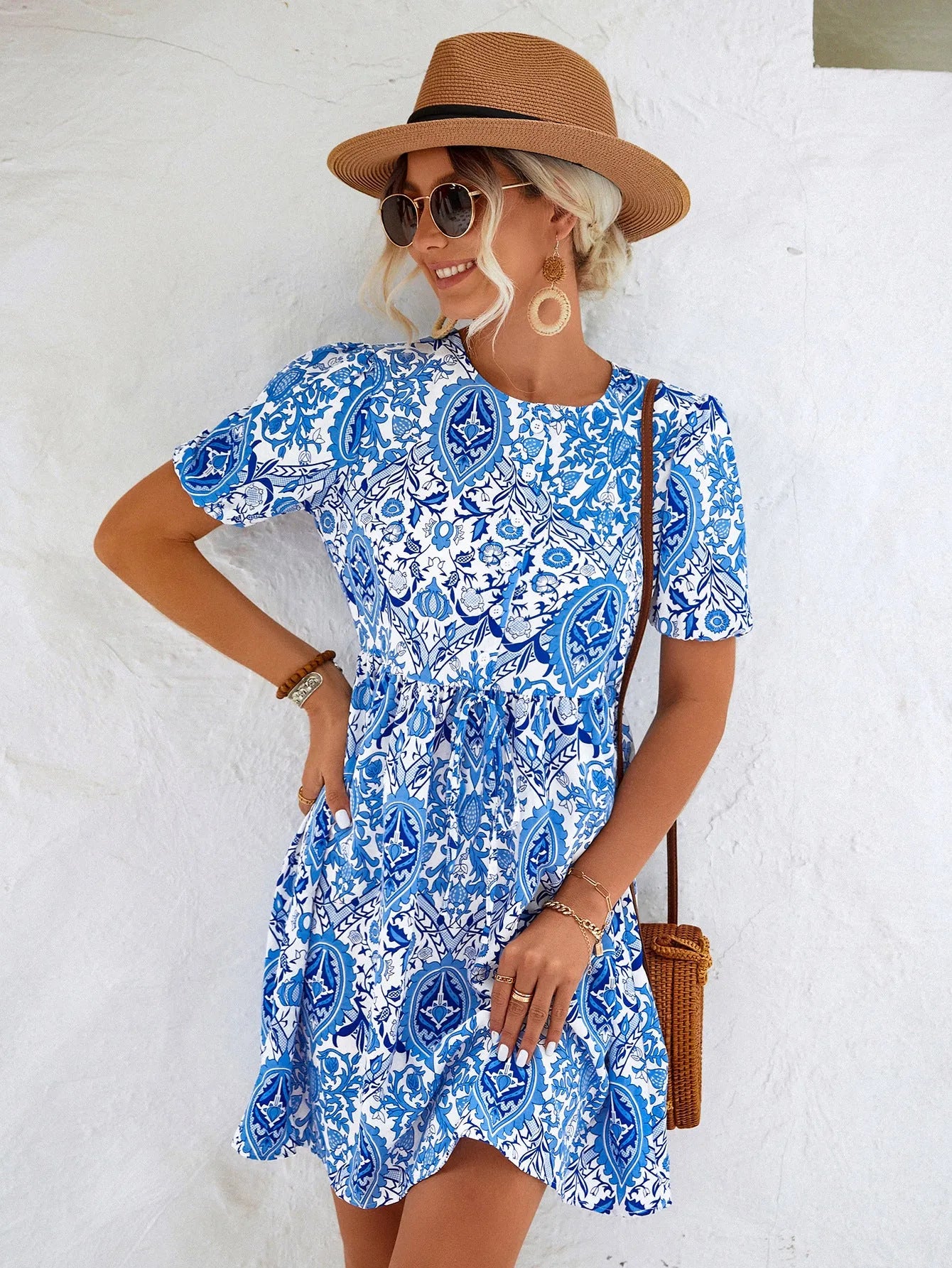 Printed Round Neck Puff Sleeve Mini Dress Casual Dresses - Tophatter Daily Deals