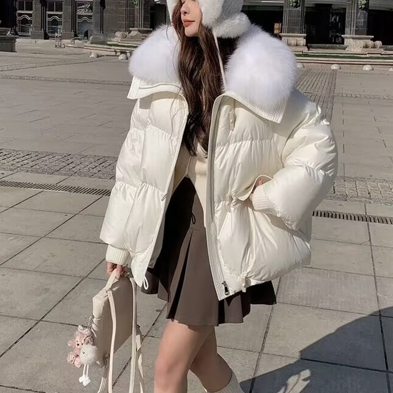 Insulating Women's Puffer Jacket - Short Boxy Fur Collar 3D Changing Face Moving Picture Frame - Tophatter Daily Deals