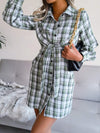 Tied Plaid Long Sleeve Mini Shirt Dress Green Casual Dresses - Tophatter Daily Deals