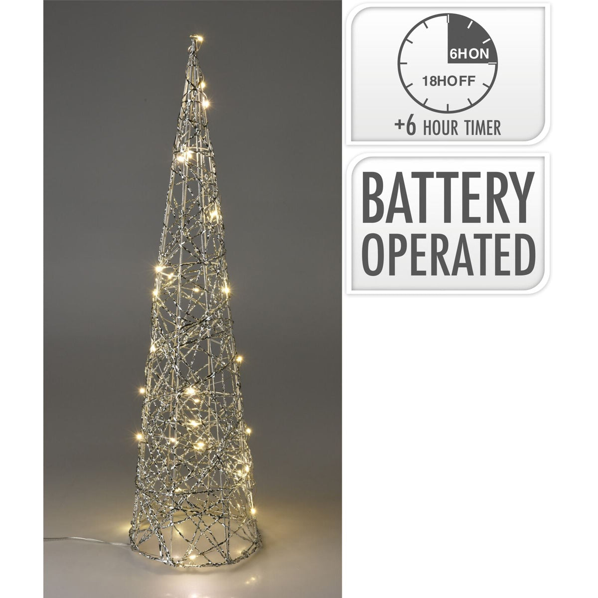 Silver Cone LED Christmas Tree | Warm White Pre-lit Light-Up Tree Cone - 60cm LED Light - Tophatter Daily Deals