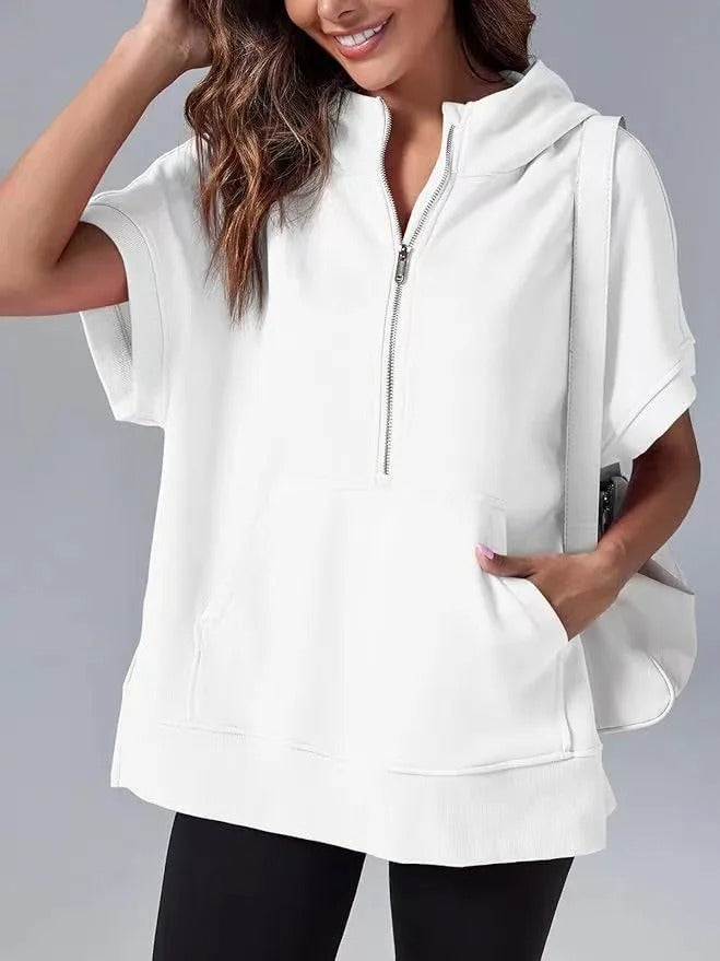 Lightweight Women's Short Sleeve Hoodie - Oversized Knit White - Tophatter Daily Deals