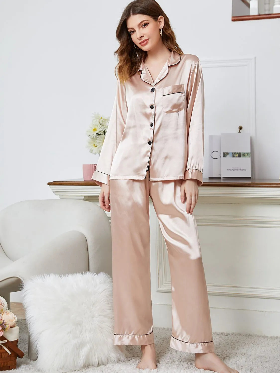 Lapel Collar Long Sleeve Top and Pants Pajama Set Beige Loungewear Sets - Tophatter Daily Deals