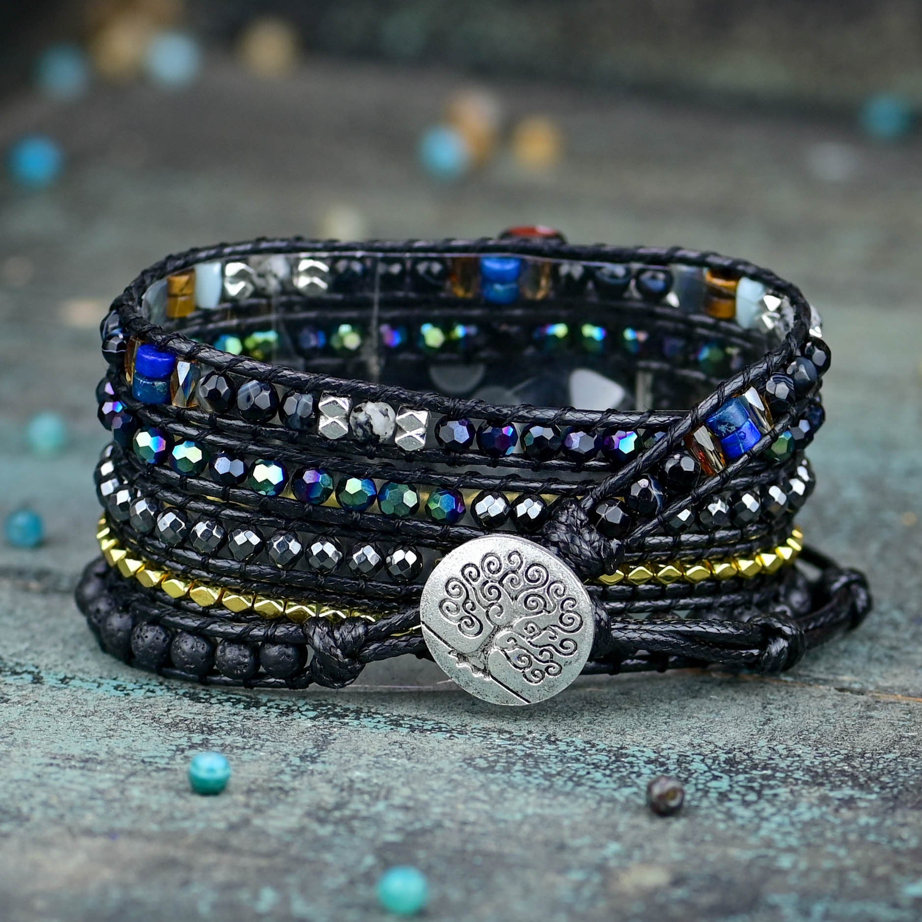 Black Retro Woven Watch Band Natural Stone Bead Strap Bracelet 0 - Tophatter Daily Deals