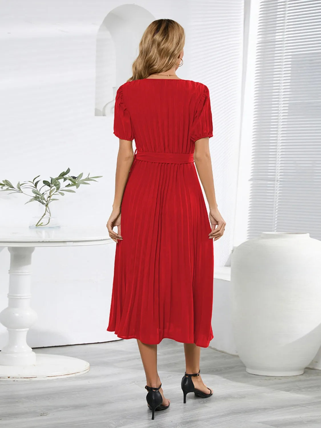 Pleated Surplice Tie Waist Midi Dress Casual Dresses - Tophatter Daily Deals