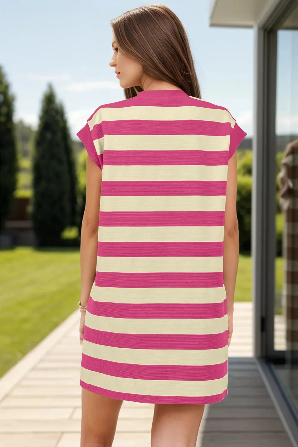 Striped Round Neck Cap Sleeve Mini Dress Casual Dresses - Tophatter Daily Deals