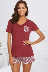 Striped Short Sleeve Top and Shorts Lounge Set Burgundy Loungewear Sets - Tophatter Daily Deals