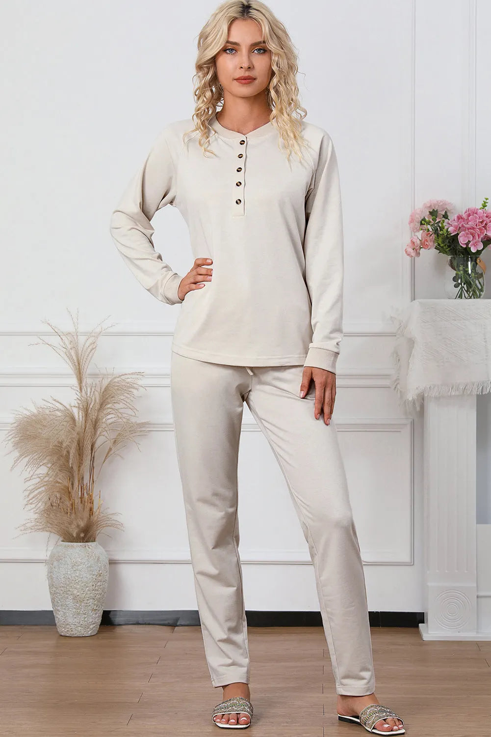 Half Button Round Neck Top and Drawstring Pants Lounge Set Light Gray Loungewear Sets - Tophatter Daily Deals