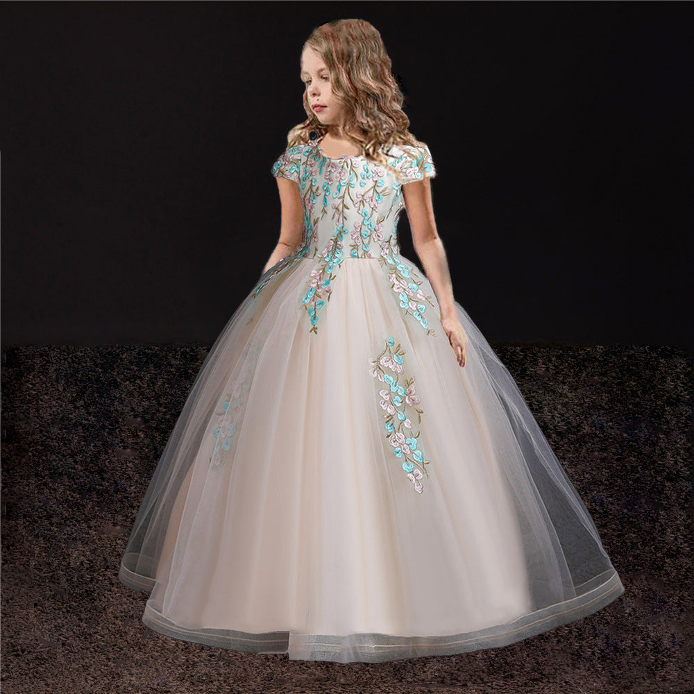 Autumn Girls Long Lace Applique Umbrella Princess Dress Champagne 0 - Tophatter Daily Deals