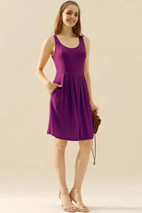 Doublju Full Size Round Neck Ruched Sleeveless Dress with Pockets PLUM Cocktail Dresses - Tophatter Daily Deals