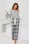 Round Neck Long Sleeve Top and Bow Plaid Pants Lounge Set Dark Gray Loungewear Sets - Tophatter Daily Deals