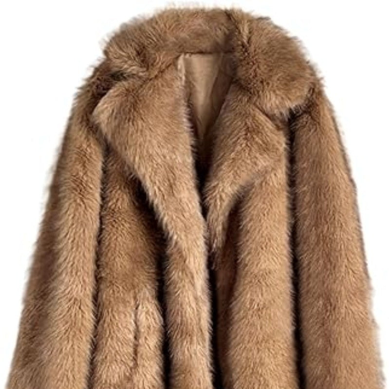 Warm Cozy Women's Long Coat - Notched Lapel, Faux Fur Light Coffee 3D Changing Face Moving Picture Frame - Tophatter Daily Deals