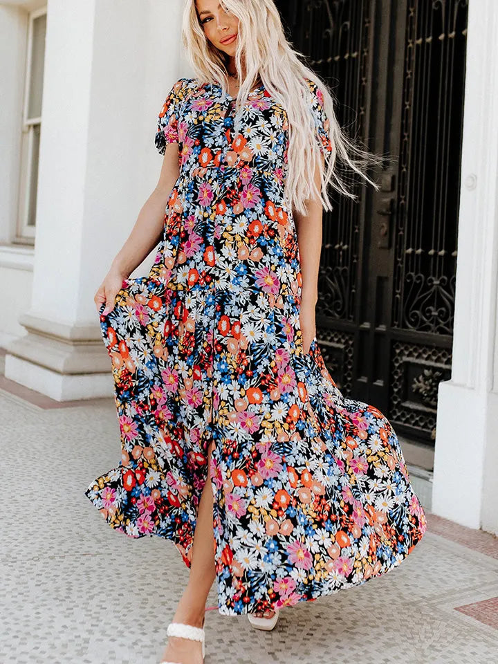 Printed V-Neck Short Sleeve Maxi Dress Casual Dresses - Tophatter Daily Deals