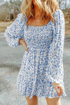 Smocked Floral Square Neck Balloon Sleeve Dress Peacock Blue Casual Dresses - Tophatter Daily Deals