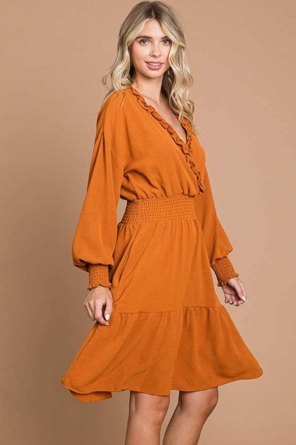 Culture Code Full Size Frill Smocked Lantern Sleeve Mini Dress Casual Dresses - Tophatter Daily Deals