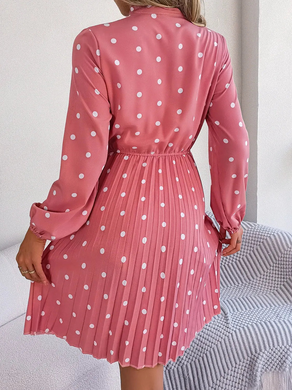 Polka Dot Tie Neck Pleated Dress Casual Dresses - Tophatter Daily Deals