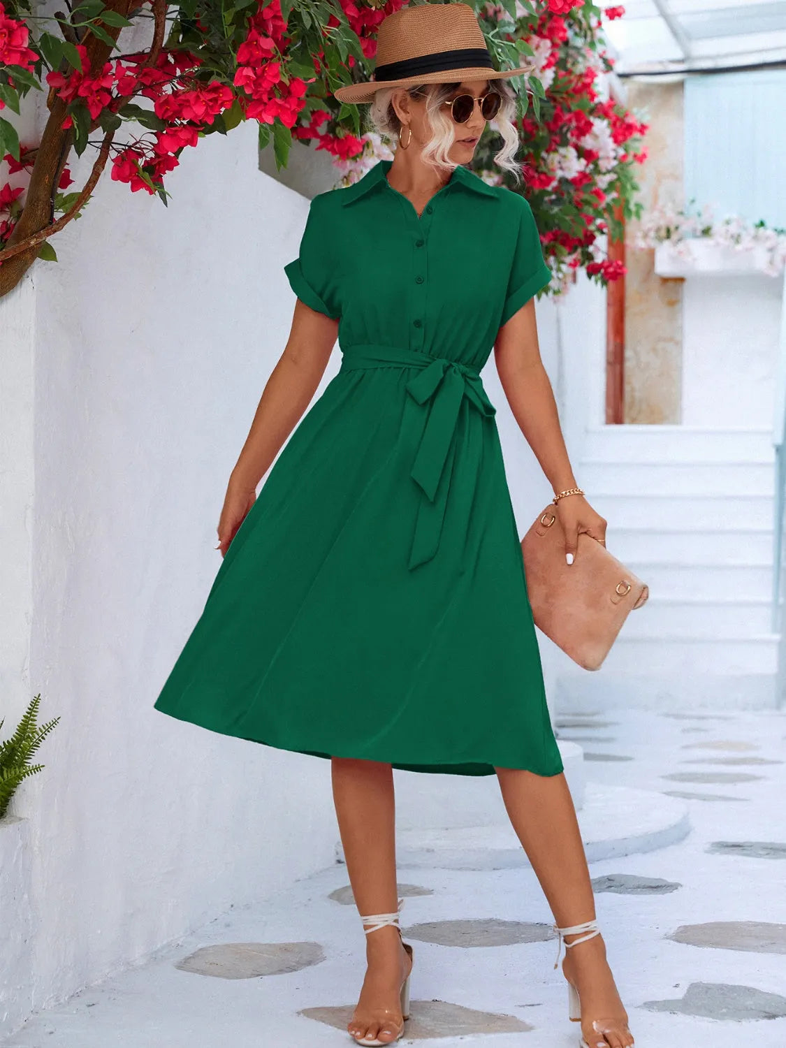 Buttoned Tie Waist Short Sleeve Dress Casual Dresses - Tophatter Daily Deals