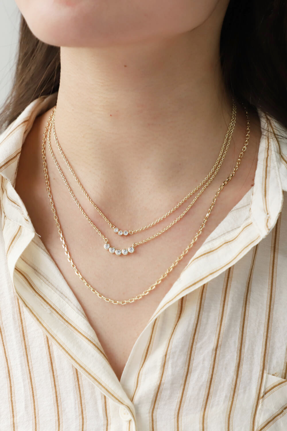 Zircon Chain-Link Necklace Three-Piece Set Gold One Size Necklaces - Tophatter Daily Deals