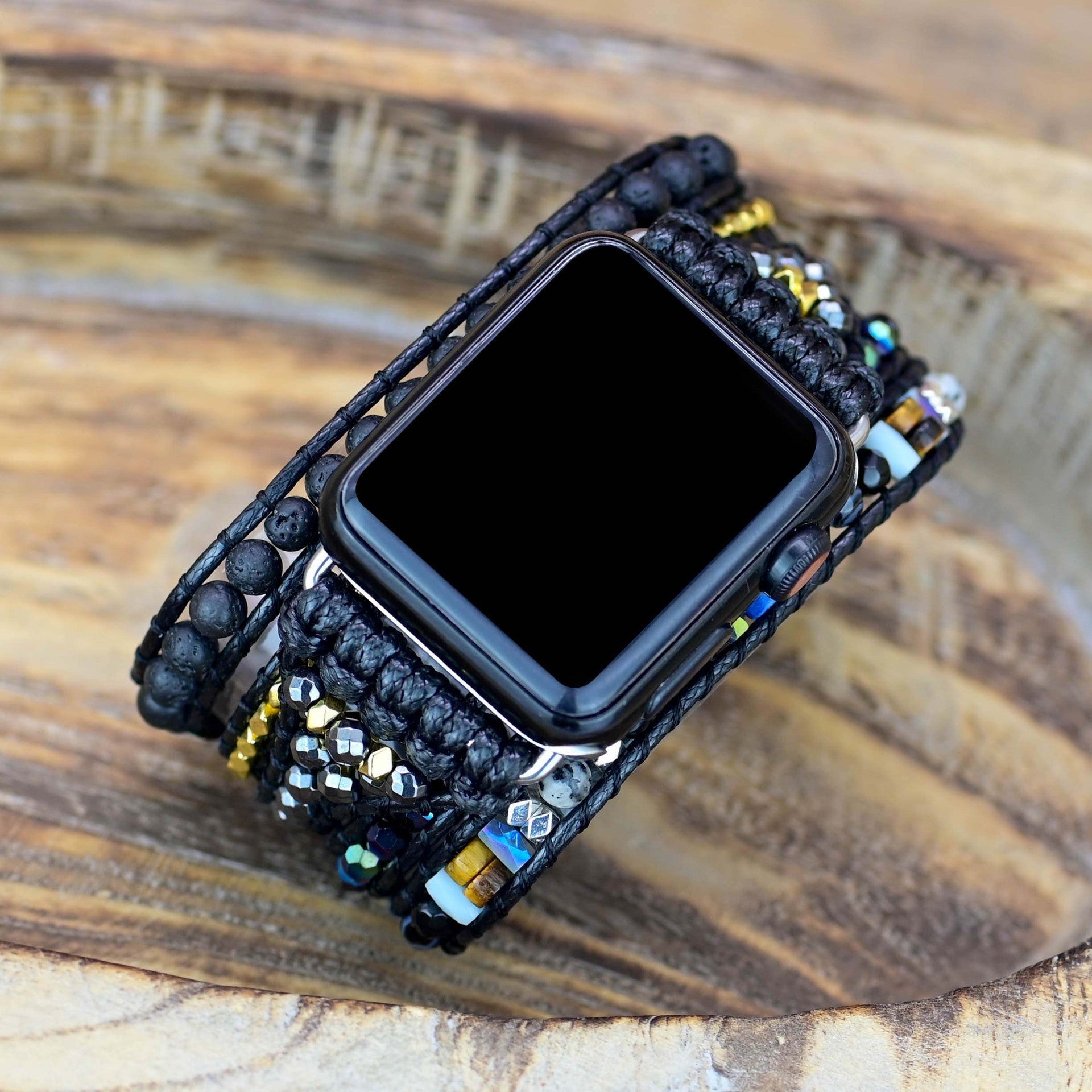 Black Retro Woven Watch Band Natural Stone Bead Strap Bracelet 0 - Tophatter Daily Deals