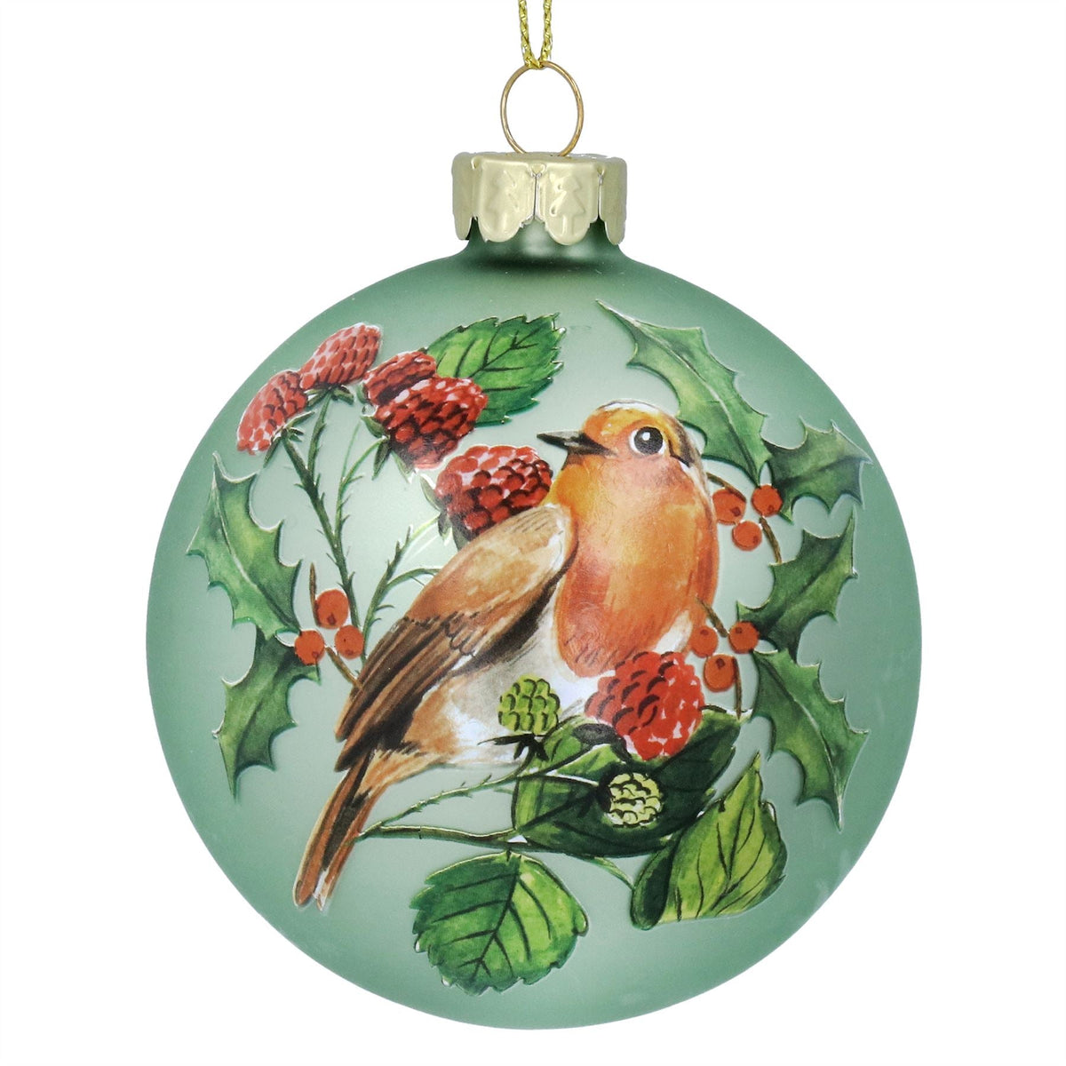 Robin Redbreast Bauble | Green Glass Christmas Tree Hanging Ornament - 8cm Baubles - Tophatter Daily Deals