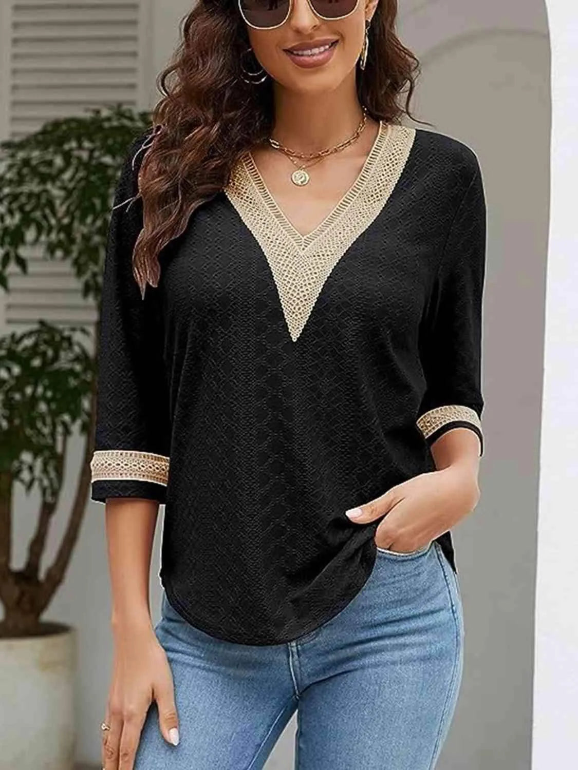 V-Neck Eyelet Blouse Black Blouses - Tophatter Daily Deals