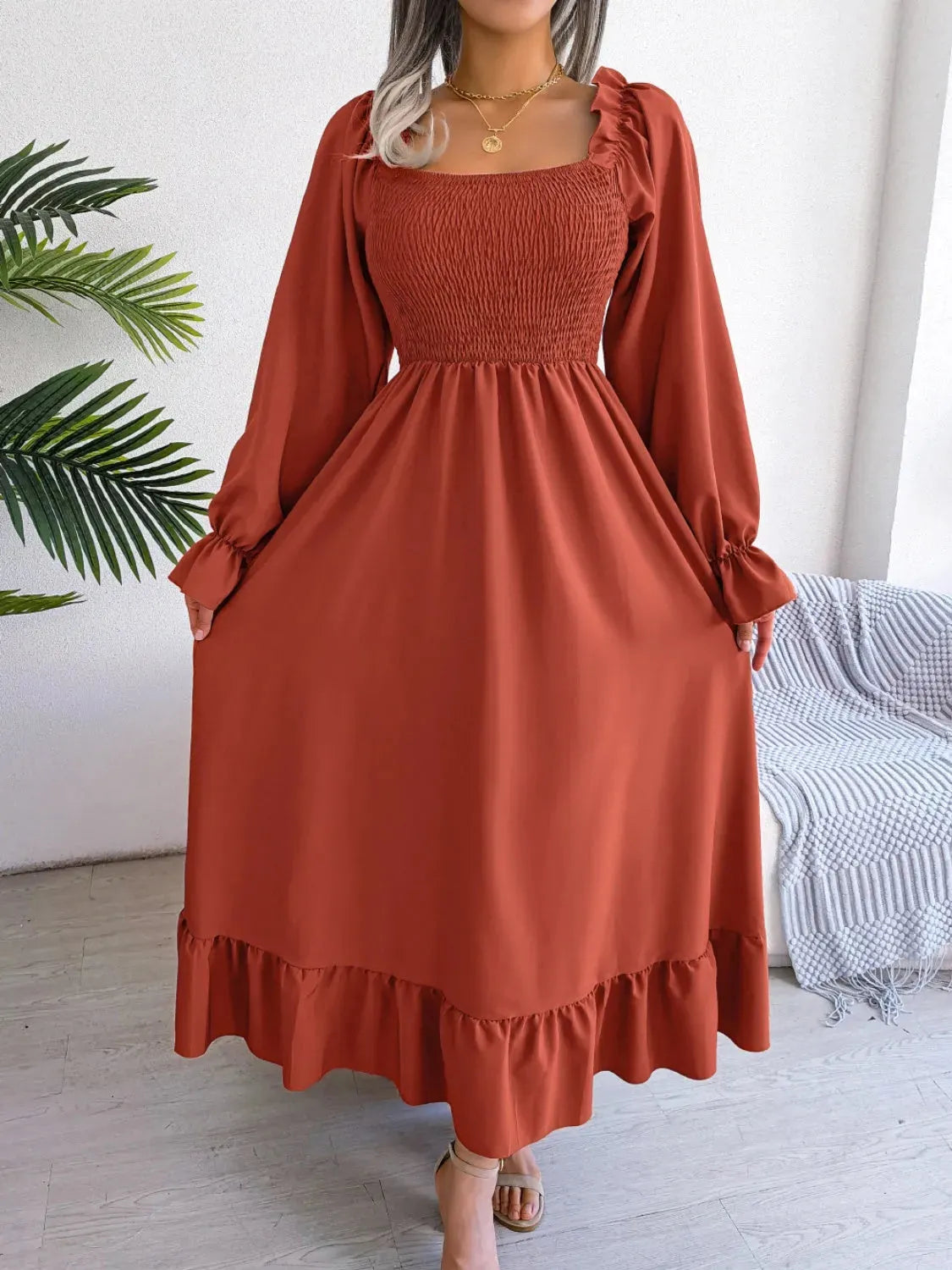 Smocked Square Neck Flounce Sleeve Dress Casual Dresses - Tophatter Daily Deals