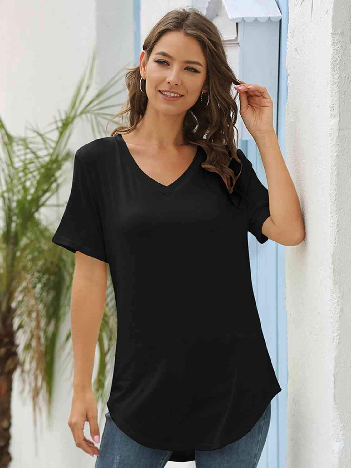 Full Size V-Neck Short Sleeve T-Shirt Black Women's T-Shirts - Tophatter Daily Deals