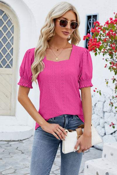 Eyelet Square Neck Short Sleeve T-Shirt Hot Pink Women's T-Shirts - Tophatter Daily Deals