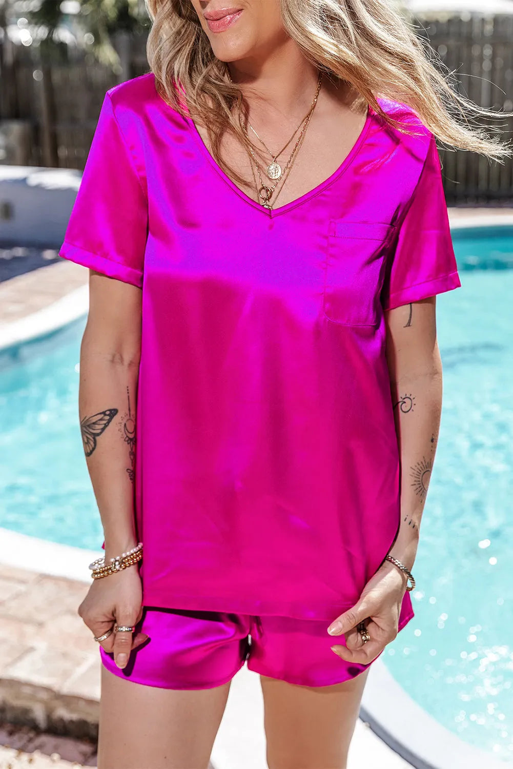 Bright Pink Satin V Neck Tee and Drawstring Shorts Set Loungewear & Sleepwear/Sleepwear - Tophatter Daily Deals